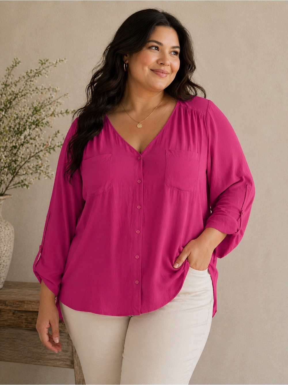 NWT Simply Emma‎ Blouse 3X Fuchsia Rayon Flowy Button Front Plus Size